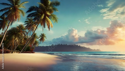 idillyc landscape of tropical beach calm ocean palm trees blue sky
