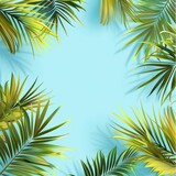 Graceful palm leaves on a cool blue background - Elegantly arranged golden and green palm leaves create a sense of luxury and calm on this cool blue background image