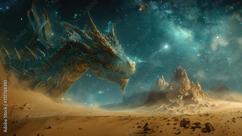 Obraz premium Majestic dragon roaming a starlit desert landscape - An imposing dragon dominates a fantasy landscape with a starry sky backdrop, reminiscent of epic mythical tales