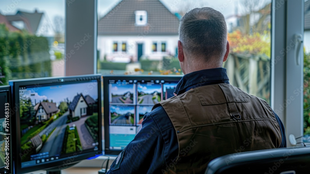 Man monitoring real estate on multiple screens An image showing a