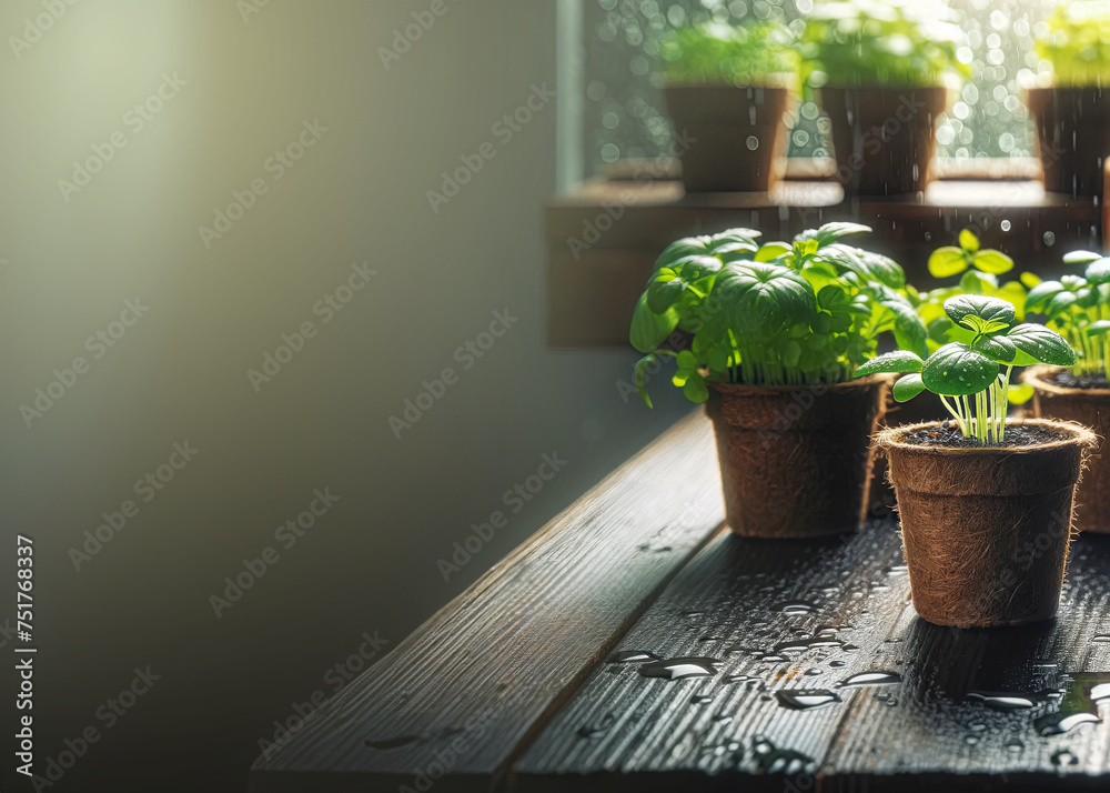Potted seedlings growing in biodegradable peat moss pots on wooden background Potted seedlings growing in biodegradable peat moss pots on wooden background