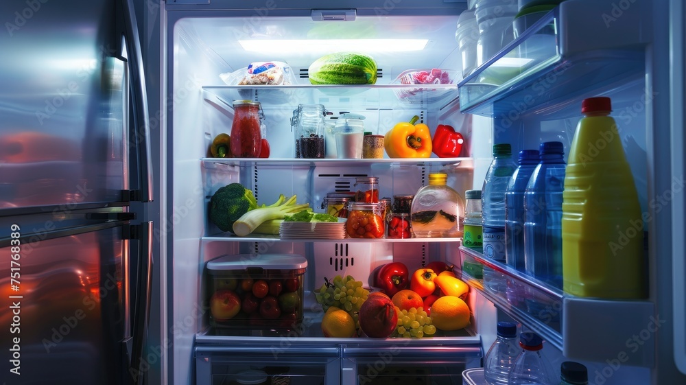 Open refrigerator full of fresh produce - A home refrigerator is open, revealing neatly arranged shelves stocked with fresh vegetables, fruits, and other food items, indicating a healthy lifestyle