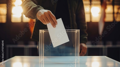 hand casting a ballot into a box, focusing on the action of voting without showing the voter, highlighting the essence of democracy