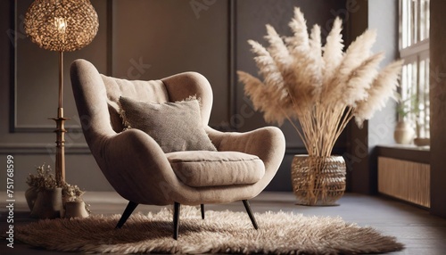 living interior with lamb s wool fabric armchair and pampas grass photo