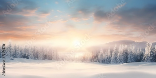 A serene winter landscape with snowcovered trees and a distant sun. Concept Winter Landscape, Snow-covered Trees, Sun, Serenity, Nature