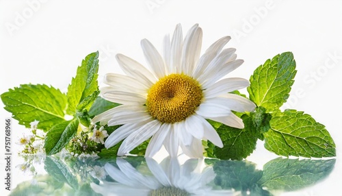 chamomile flowers and mint leaves bunch isolated transparent png white daisy in bloom and peppermint branch chamaemelum nobile herbal and mentha medicine plants