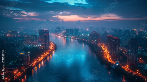A stunning aerial view of a city at night with a river cutting through its landscape. Clouds drift across the dark sky, creating a magical atmosphere as lights twinkle below