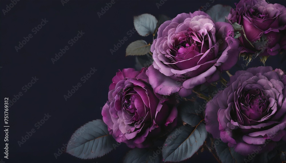 floral banner header with copy space purple roses isolated on dark background natural flowers wallpaper or greeting card