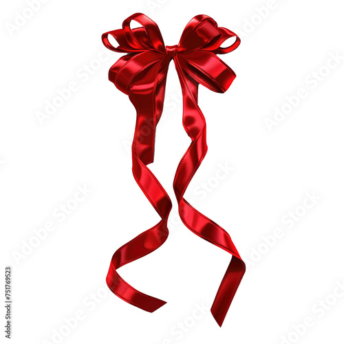 Red ribbon rolled and red bow isolated on white background.
