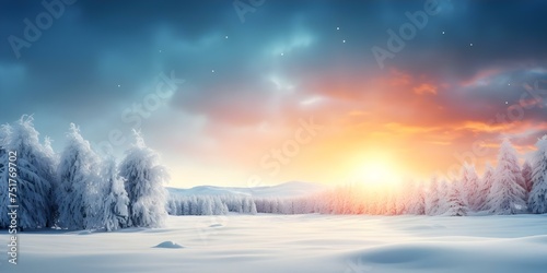 A Peaceful Winter Scene with Snow-Covered Trees and a Distant Sun. Concept Winter Wonderland, Snowy Landscape, Tree Photography, Sunlight Reflections, Nature Photography © Ян Заболотний