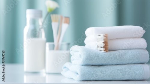 The toothbrushes in a glass and white towels in bathroom