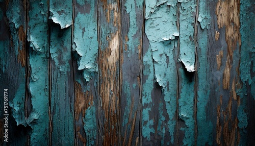 grunge wood background with blue peeling paint photo