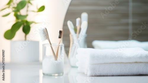 The toothbrushes in a glass and white towels in bathroom