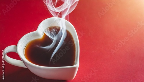 cup of tea or coffee with steam in one heart shape on red background valentine s day celebration or love concept copy space