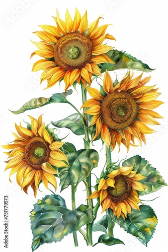 Sunflower Botanical Illustration  Sun Flowers Isolated  Sunflowers on White