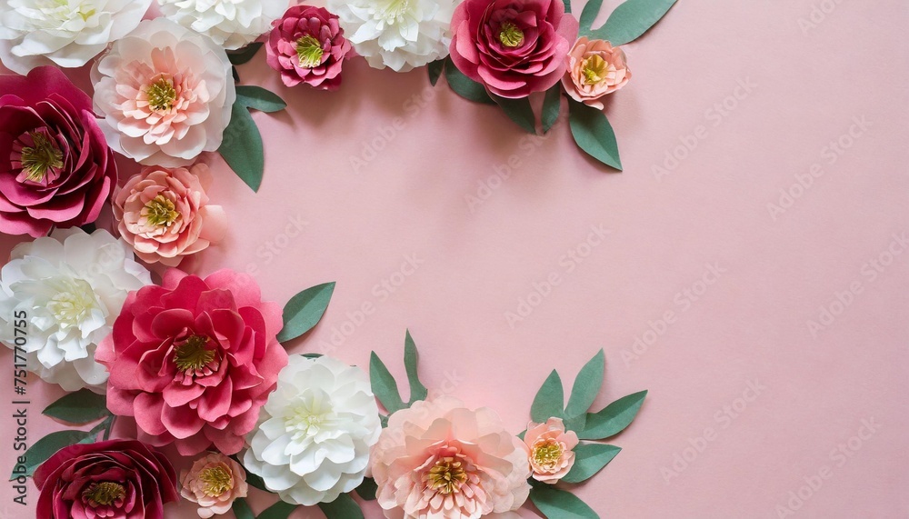 paper flowers frame on pastel pink background with copy space for text