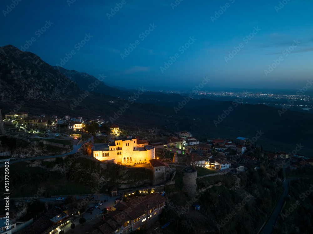 Area night  view of Kruje castle in Albania in afternoon sky