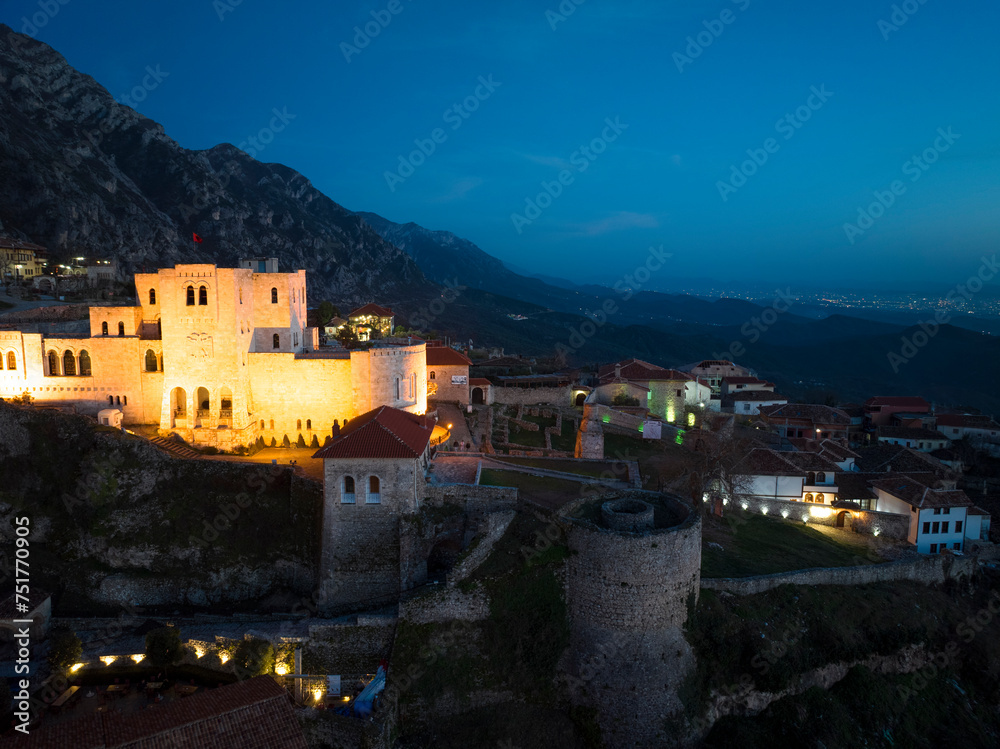 Area night  view of Kruje castle in Albania in afternoon sky