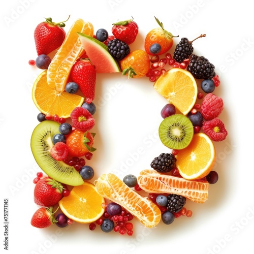 A collage of various fresh fruits and berries arranged in the shape of the letter D. creative and healthy concept