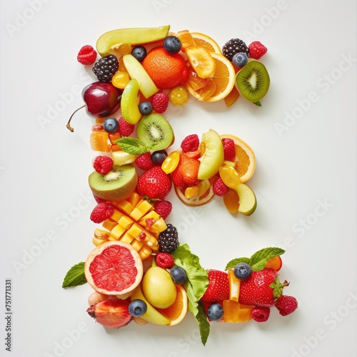 A collage of various fresh fruits and berries arranged in the shape of the letter E. creative and healthy alphabet letter E made entirely of colorful fruits and berries.