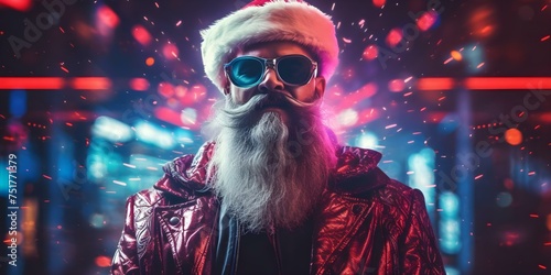 Futuristic Santa Claus rocks neon attire with glitchy red jacket in vibrant nightclub setting. Concept Christmas, Santa Claus, Neon, Glitch, Nightclub © Ян Заболотний