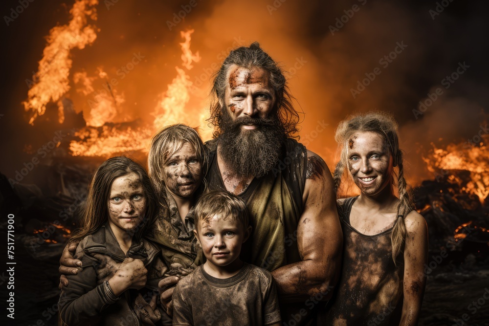 Post Apocalyptic Survivor Family, A Group of Dirty and Ragged People after Catastrophe Post Apocalyptic Survivor Family, A Group of Dirty and Ragged People after Catastrophe