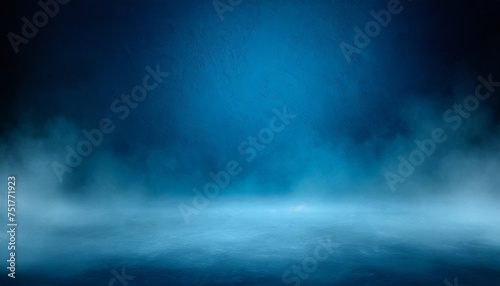 abstract background with blank dark wall and smoky concrete floor illuminated by blue color mockup
