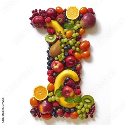 Typography of the letter i crafted from fresh fruit  hyperrealistic  A collage of various fresh fruits and berries arranged in the shape of the letter i. 