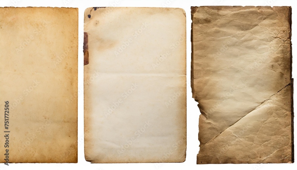 set collection of three stained grungy vintage antique paper sheets with ripped borders retro book page backgrounds textures or collage design elements isolated over transparency png