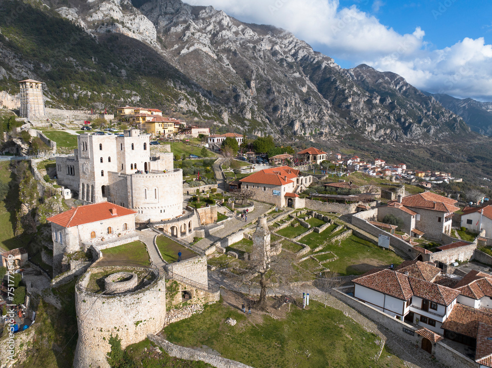 Area view of Kruje castle in Albania in afternoon sky