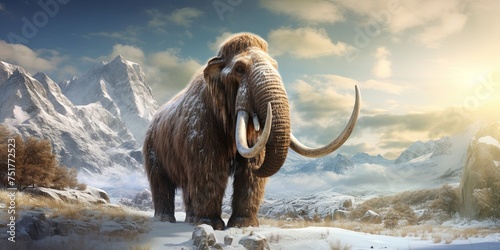 Woolly mammoth roaming the terrains of the ice age earth.