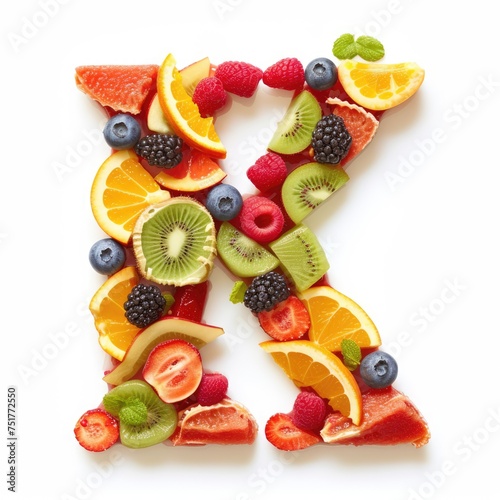 A healthy and colorful representation of the letter K made entirely of fruits. A healthy and colorful letter K  made from a variety of fruits and berries.