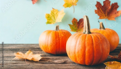 pumpkins with copyspace thanksgiving and fall background concept autumn pastel colors leaves falling harvest