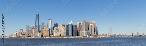 Panorama of the lower Manhattan skyline with the Brooklyn Bridge