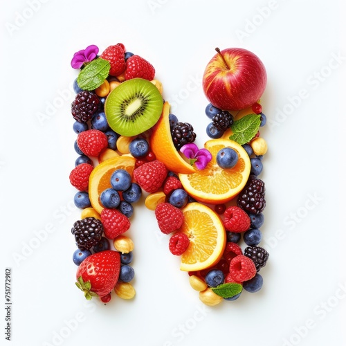 A collage of various fresh fruits and berries arranged in the shape of the letter N. creative and healthy concept