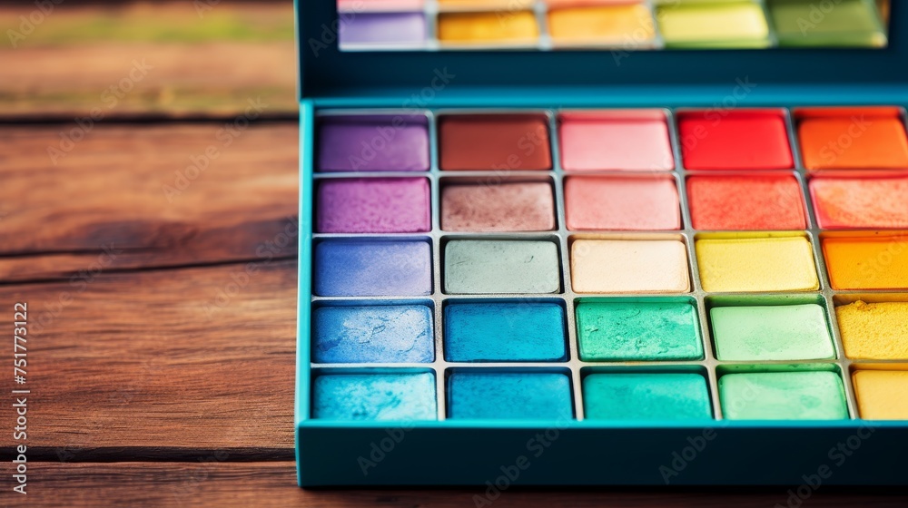 Naklejka premium Watercolor box with a spectrum of pigments