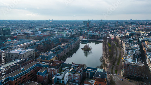 A captivating aerial view of the Binnenhof, the iconic political heart of The Hague, Netherlands, captured from a drone