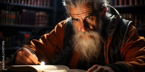 Elderly man with a long white beard immersed in reading a book