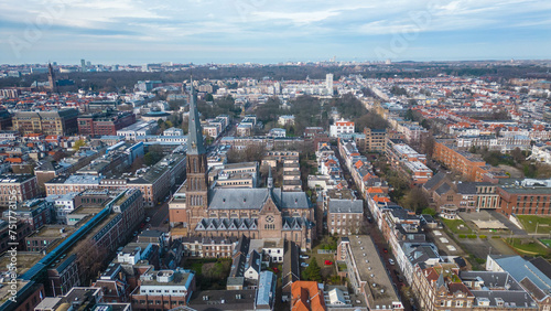 Aerial view of the iconic St. James  Church  also known as The Great Church  in The Hague  Netherlands  captured by a drone