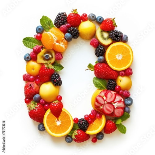 A collage of various fresh fruits and berries arranged in the shape of the letter O. creative and healthy concept