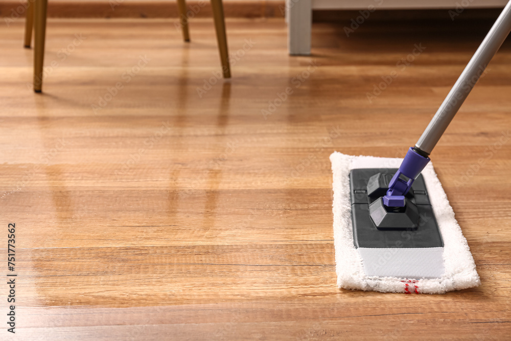 Cleaning of wooden laminate floor with mop, closeup - obrazy, fototapety, plakaty 