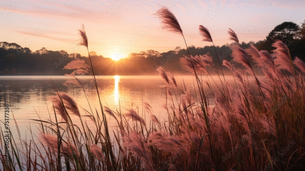 Beautiful Wispy tall grasses sway gently by a serene lake.
