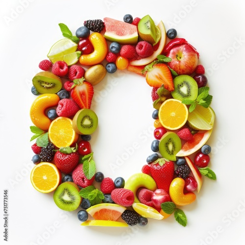 Typography of the letter O crafted from fresh fruit  hyperrealistic  A collage of various fresh fruits and berries arranged in the shape of the letter O. 