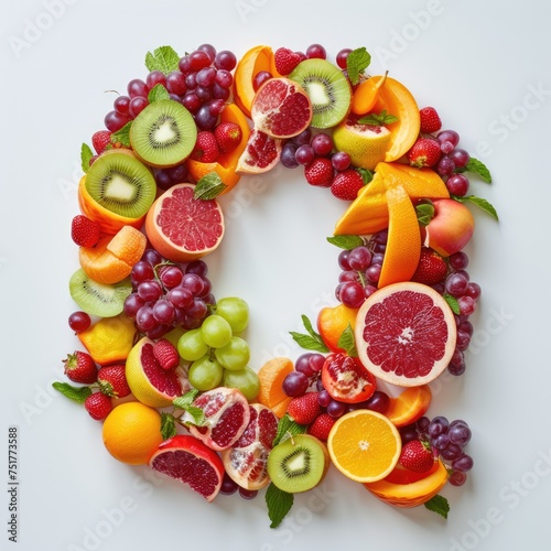 A collage of various fresh fruits and berries arranged in the shape of the letter Q. creative and healthy alphabet letter Q made entirely of colorful fruits and berries.