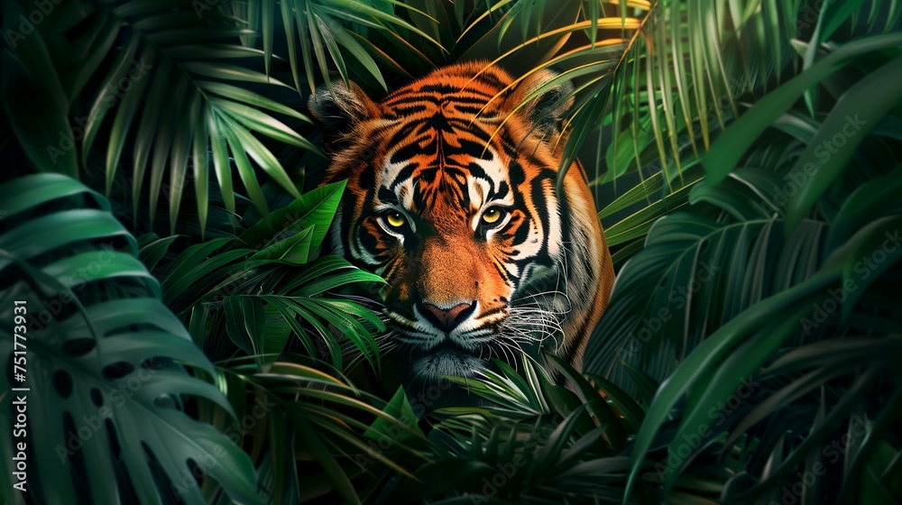 Tiger in the jungle with tropical leaves. 3d rendering. Tiger in the jungle with tropical leaves. 3d rendering.