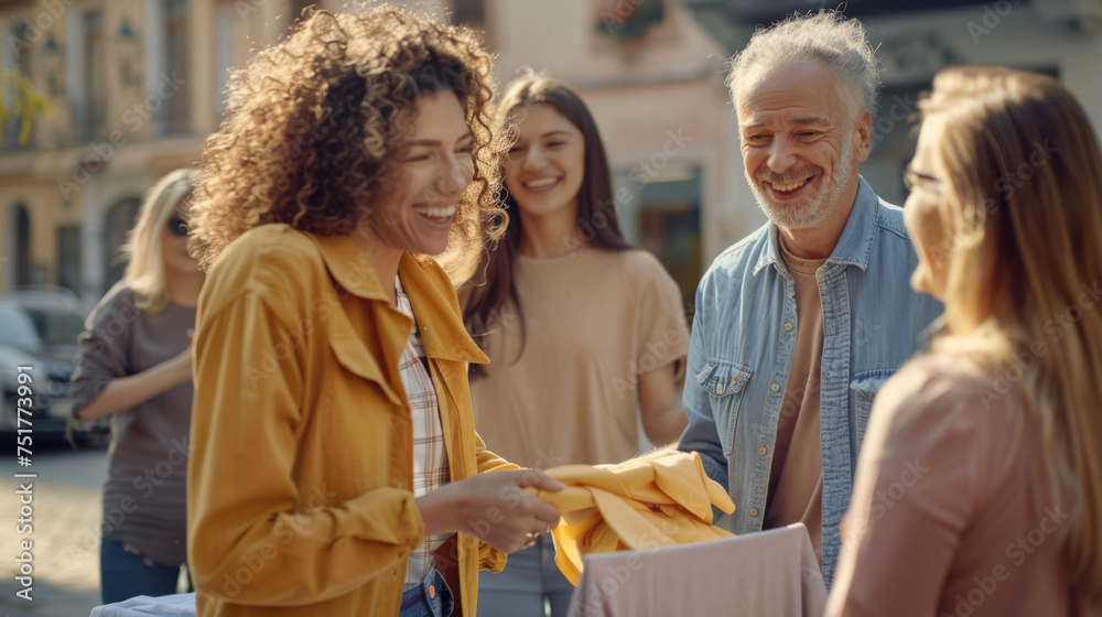 people is engaging in a cheerful conversation on a sunny day in an urban setting, with one person holding a piece of clothing. people is engaging in a cheerful conversation on a sunny day in an urban setting, with one person holding a piece of clothing.