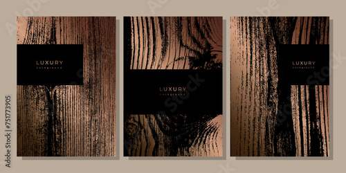 Set of templates with wooden texture. Luxury golden background with wood annual rings texture. Banner with dry tree pattern. Stamp of tree trunk in section. Black and bronze marble background