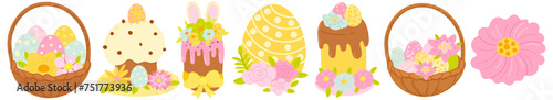 Set of cute colorful Easter eggs, Easter symbol, decorative Easter vector elements collection. Collection of colored eggs, cakes and flowers.