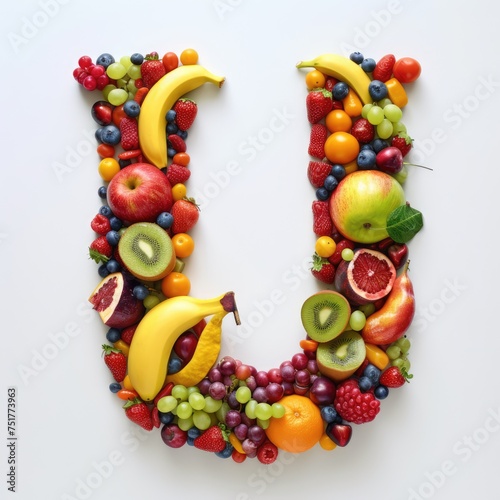 A healthy and colorful representation of the letter U made entirely of fruits. A healthy and colorful letter U  made from a variety of fruits and berries.