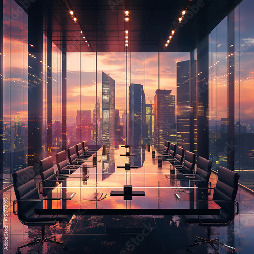 Empty meeting room at sunset (AI generated illustration).